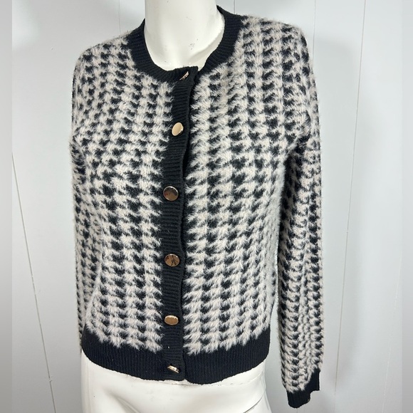 TAHARI Women Long Sleeve Metal Button Cardigan SZ S Beige Black Houndstooth - Picture 1 of 10